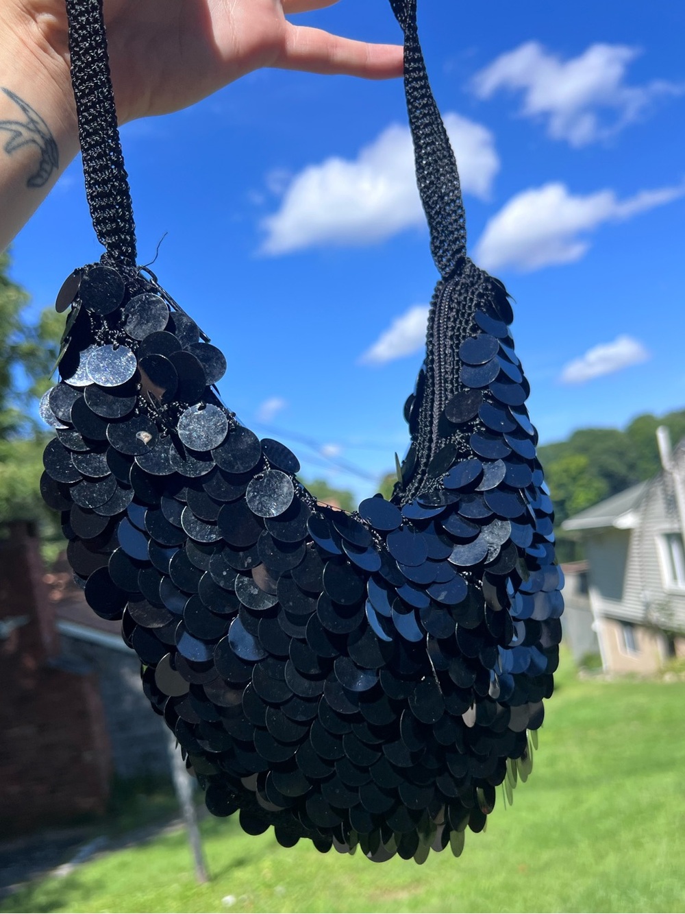 Vintage Y2K Black Sequin Paillette Shoulder Bag Mini Hobo Purse